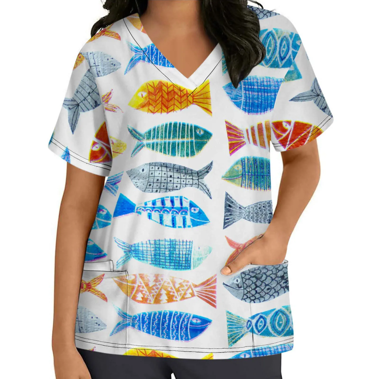 

Женская свободная футболка с коротким рукавом, V-образным вырезом и карманами