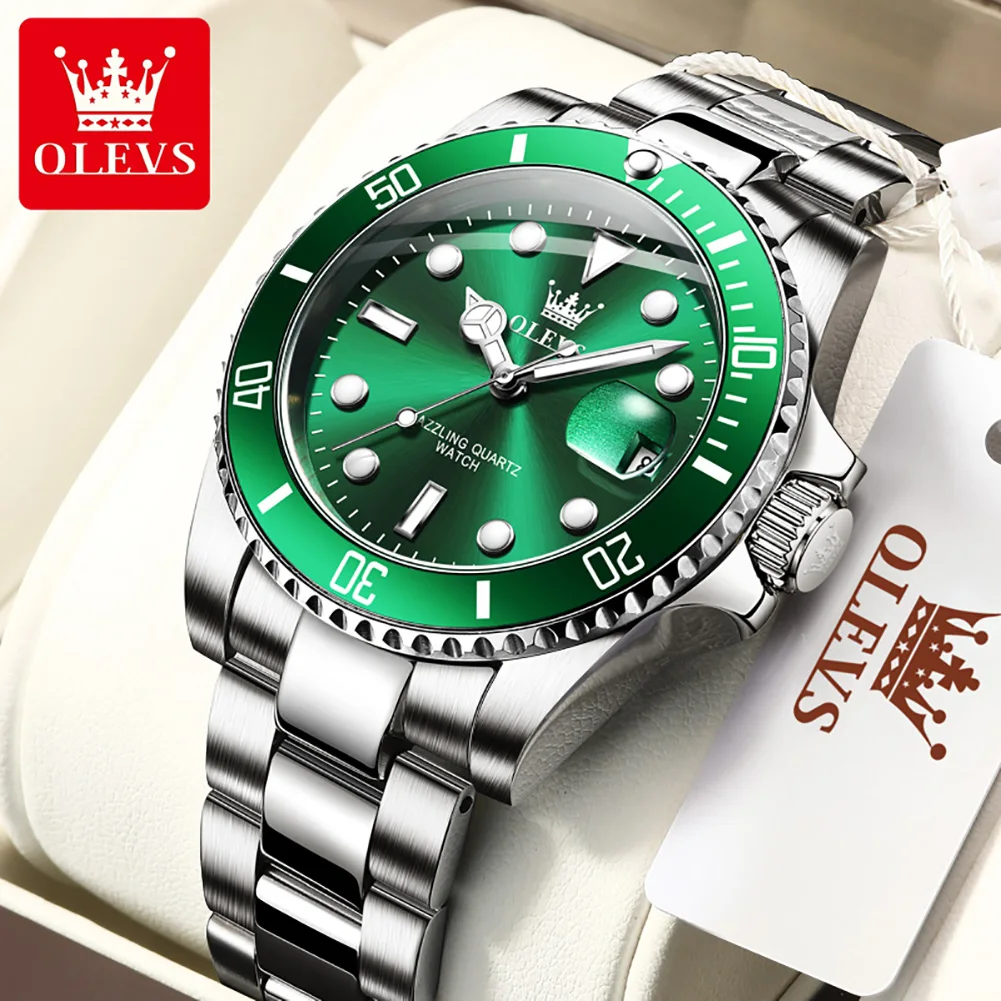 

OLEVS 5885 Luxury Green Water Ghost Stainless Steel Man Quartz Wristwatches Fashion Ocean Eye Calendar Waterproof Watch for Men