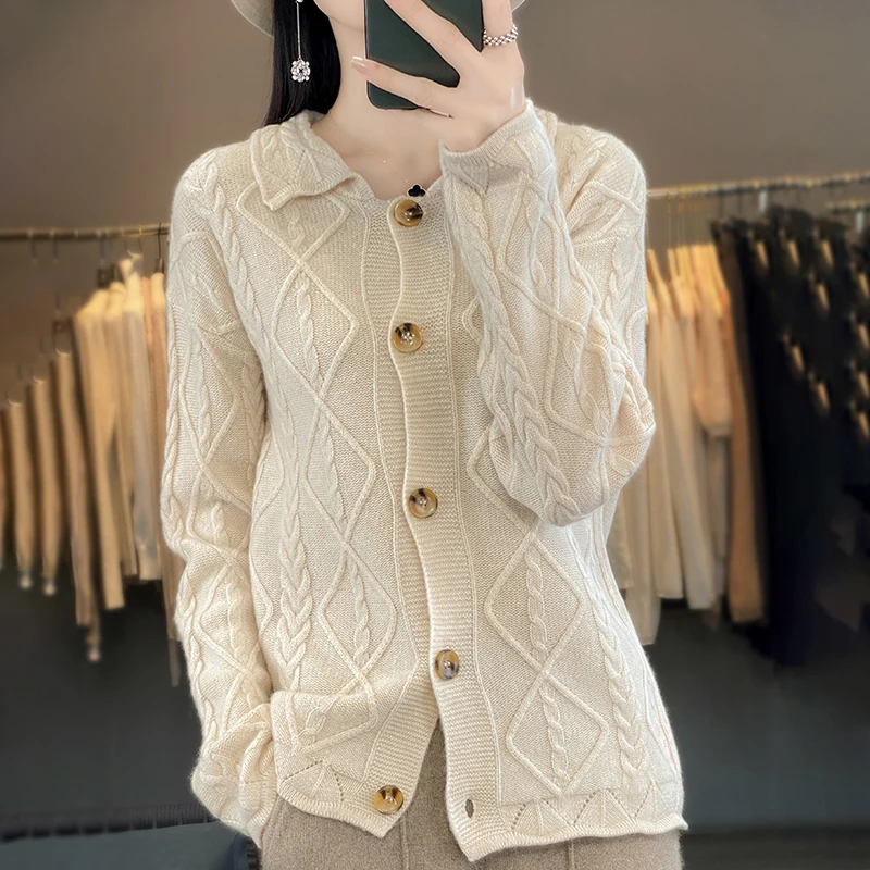 Повседневный теплый женский кардиган LDZWSM из 100% чистой шерсти с отворотом