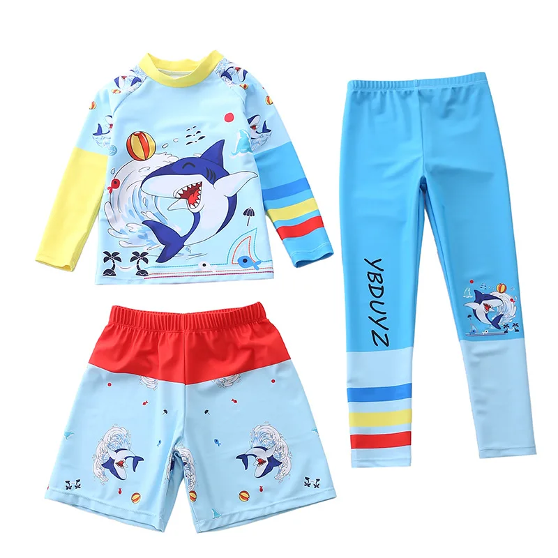 Children's Swimsuit Dinosaur Shark Print Long Sleeve Rash Guard Surf Pants 3Pcs Boys Swimwear Beach Clothes Bathing Suit Kids