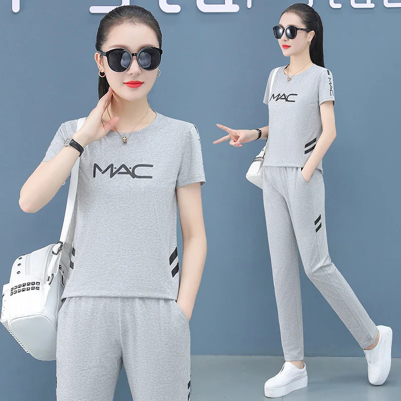 

2022 NEW Round neck print casual gray sportswear two-piece women's short-sleeved shirt + trousers loose cotton sets m-4XL bs888
