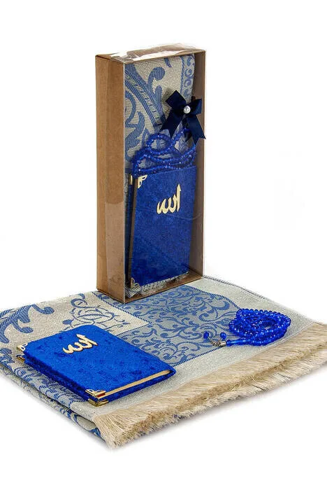 

IQRAH Kraft Boxed Prayer Rug Set-Velvet Lined Yasin-Prayer Rug-Rosary-Navy Blue Color