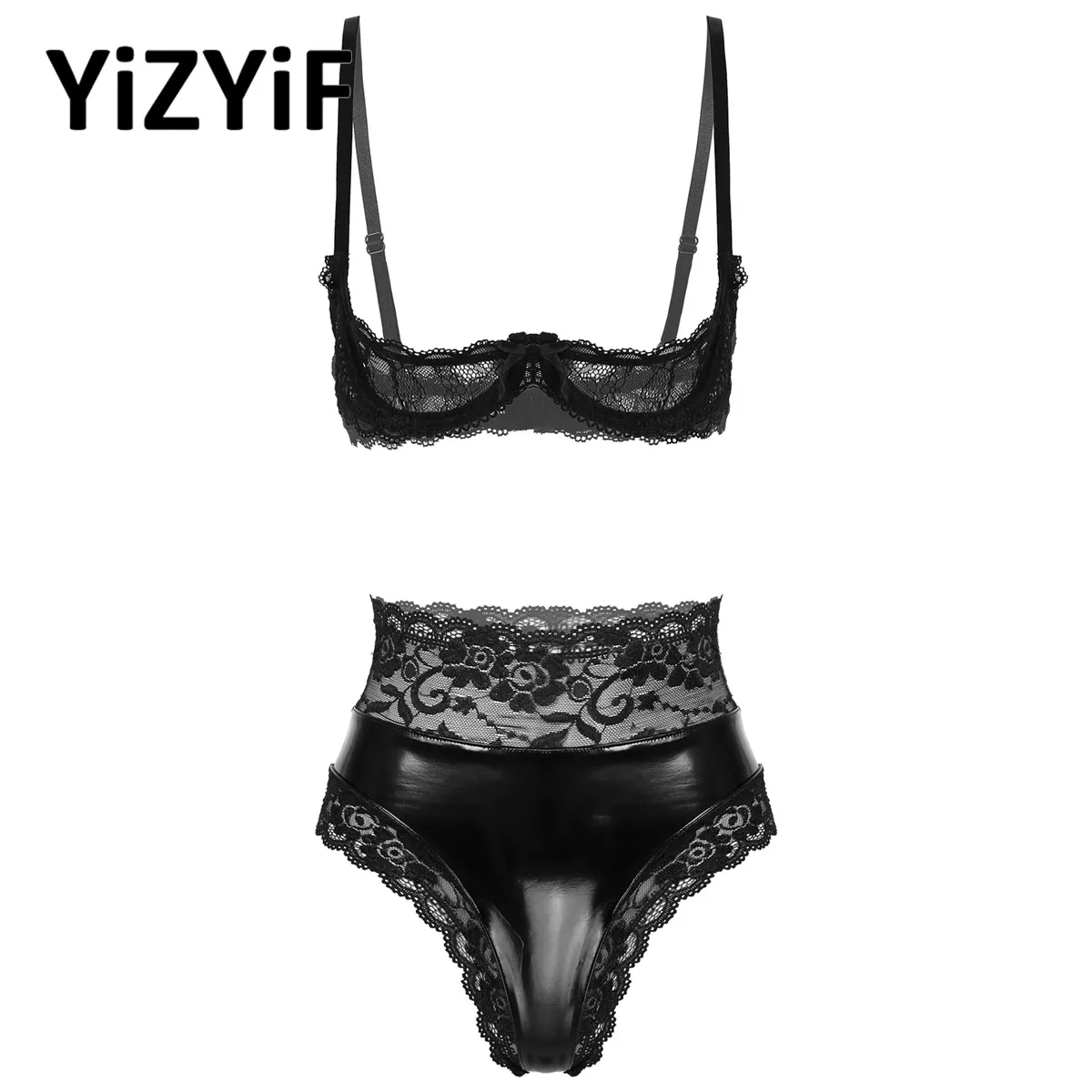 

Womens Patent Leather Lingerie Set Sexy Open Cup Bra With High Waist Lace Trim Briefs Panties Outfits Erotic Nightwear Clubwear