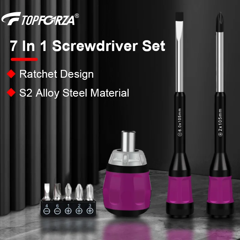 Набор отверток TOPFORZA 7 в 1 конструкция с трещоткой S2 материал из легированной стали
