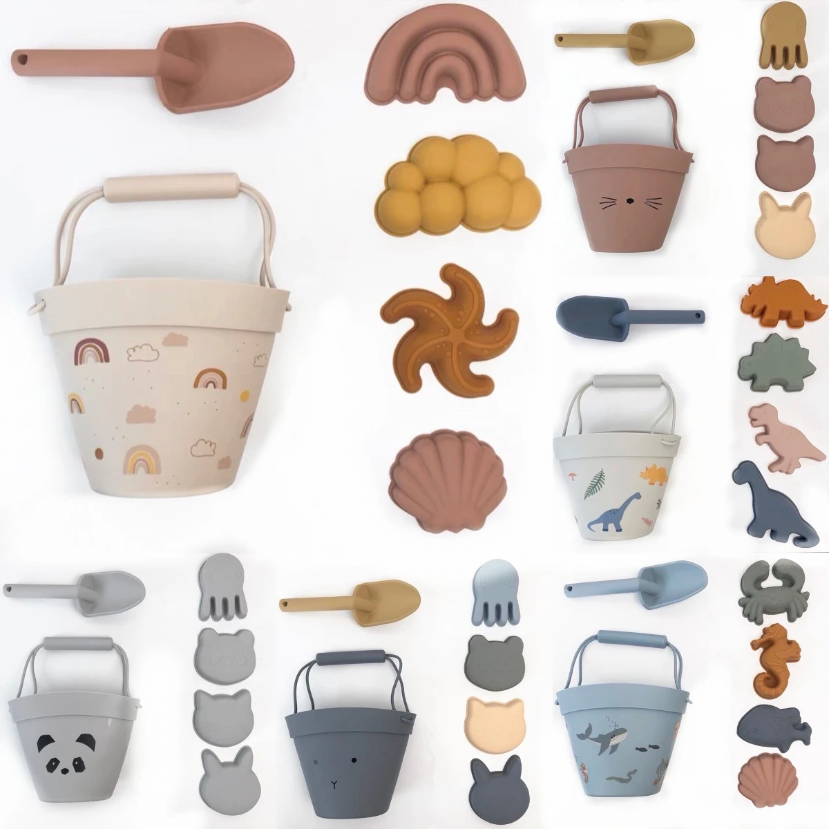 

6PCS Silicone Outdoor Sand Bucket Toy Set Soft Cute Animal Model Mini Sand Digging Shovels Kits Baby Sand Water Play Beach Toys
