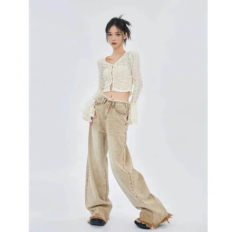 

New Fashion High-quality Design Sense Retro Niche Washed Hot Girl High-waisted Jeans Slimming Waist Mopping Wide-leg Jeans