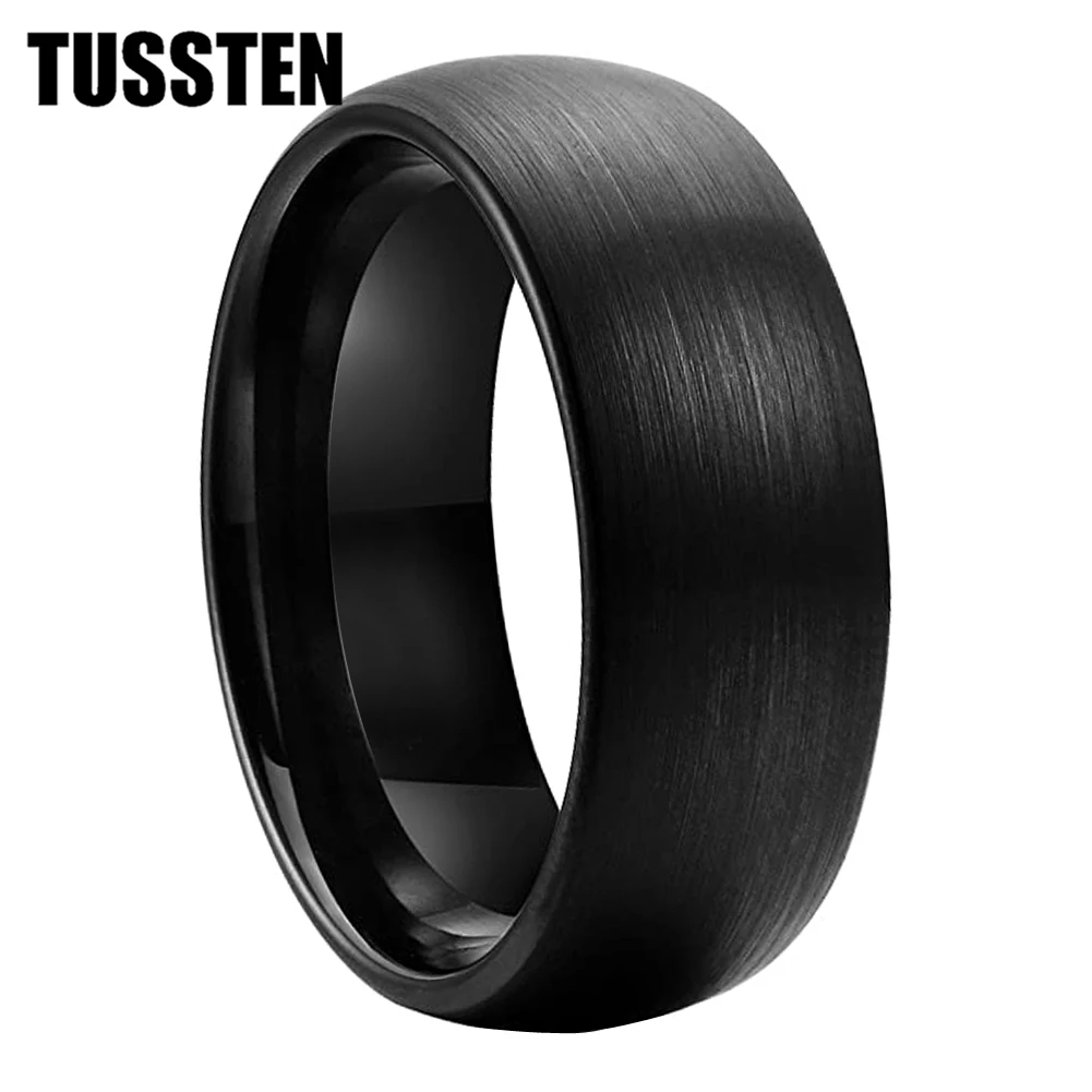

Dropshipping TUSSTEN 6MM/8MM Black Dome Wedding Band Men Women Tungsten Carbide Ring Brushed Finish Comfort Fit