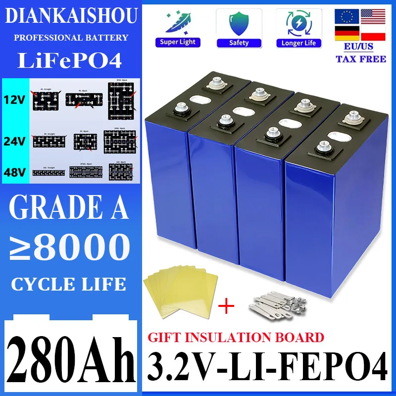 Новый 1-16 шт. 3 2 В 280 Ач Lifepo4 аккумулятор 8000 циклов DIY 12 24 48 перезаряжаемый