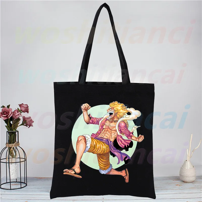 

One Piece Anime Luffy Gear 5, черные сумки для покупок, Холщовая Сумка-тоут, мультяшная многоразовая тканевая сумка, сумка, сумки через плечо на заказ