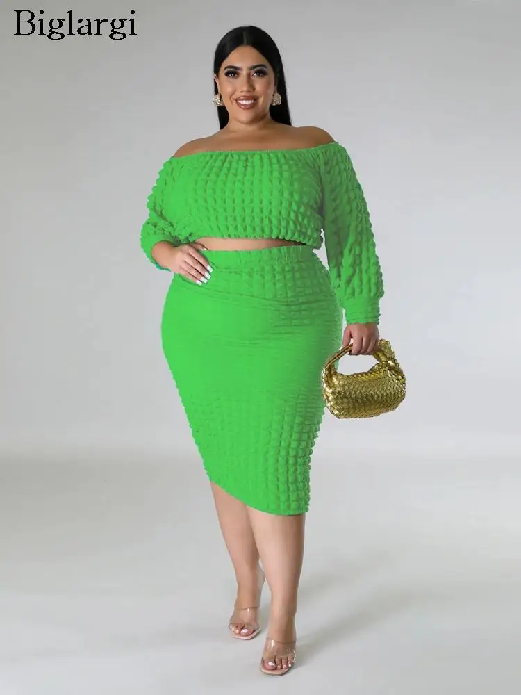 

Plus Size Autumn 2 Two Piece Set Women Off Shoulder Backless Pullover Ladies Cropped Tops Bodycon Fashion Woman Midi Skirt 2023