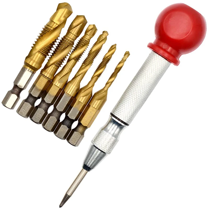 

7 Pcs 1/4 Inch Metric Thread Tap HSS Spiral Hex Shank Combination Drill Screw Tap Bit Set With Automatic Center Punch