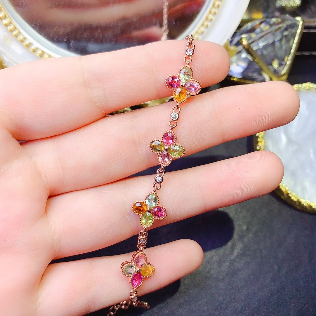 Женский браслет с цветком из натурального турмалина FS серебро 925 пробы