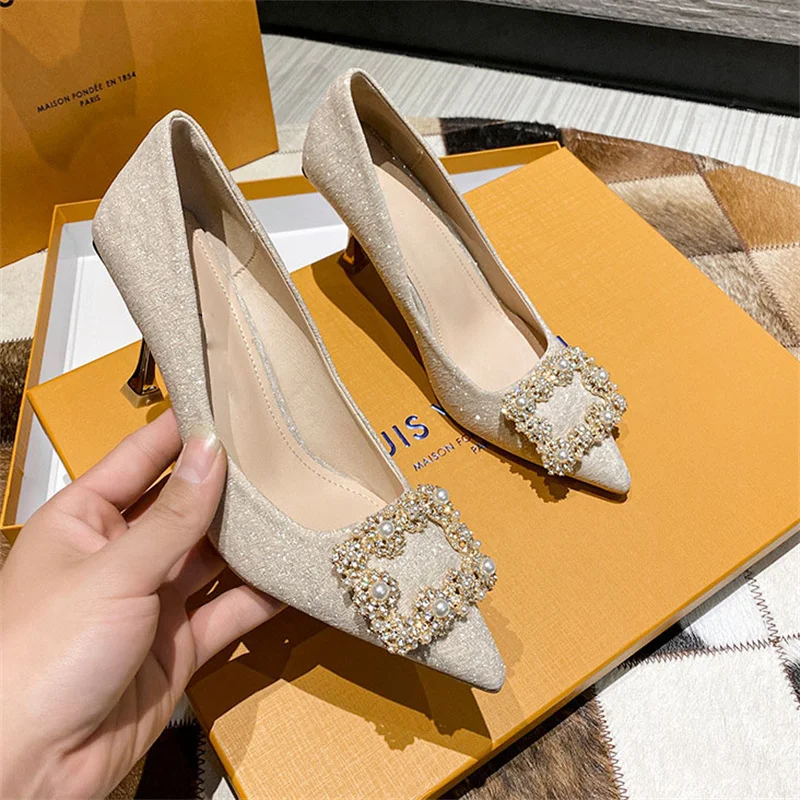 Celebrity French Rhinestone Square Buckle Pumps Sequin Cloth Shallow Mouth Shoes Gold Thin Heels Elegant Pointed Toe Woman Shoes