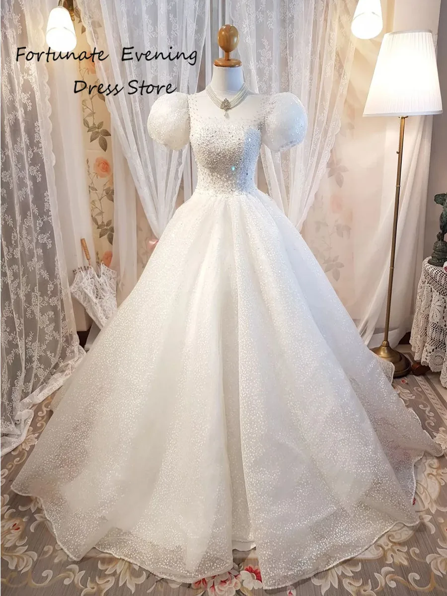 

2023 Luxury Long Evening Party Dresses Square Neckline Floor-Length Court Train Beaded Ball-Gown Organza Lace Up Princess