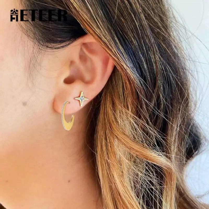 

AETEEY 925 Sterling Silver Geometric C-shaped Diamond Stud Earrings Gold Plated Tiny Ear Stud For Women Girl Anniversary Gifts