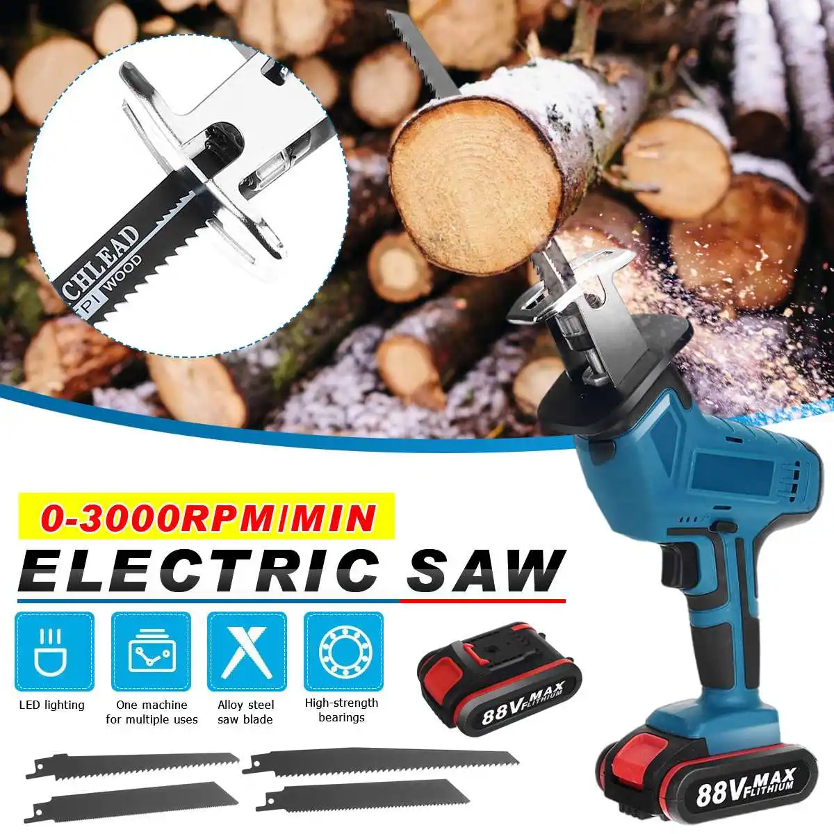 88VF 3000RPM/Min Cordless Electric Reciprocating Saw Portable Metal Wood Cutting Machine Tool Variable Speed With 2Pcs Battery