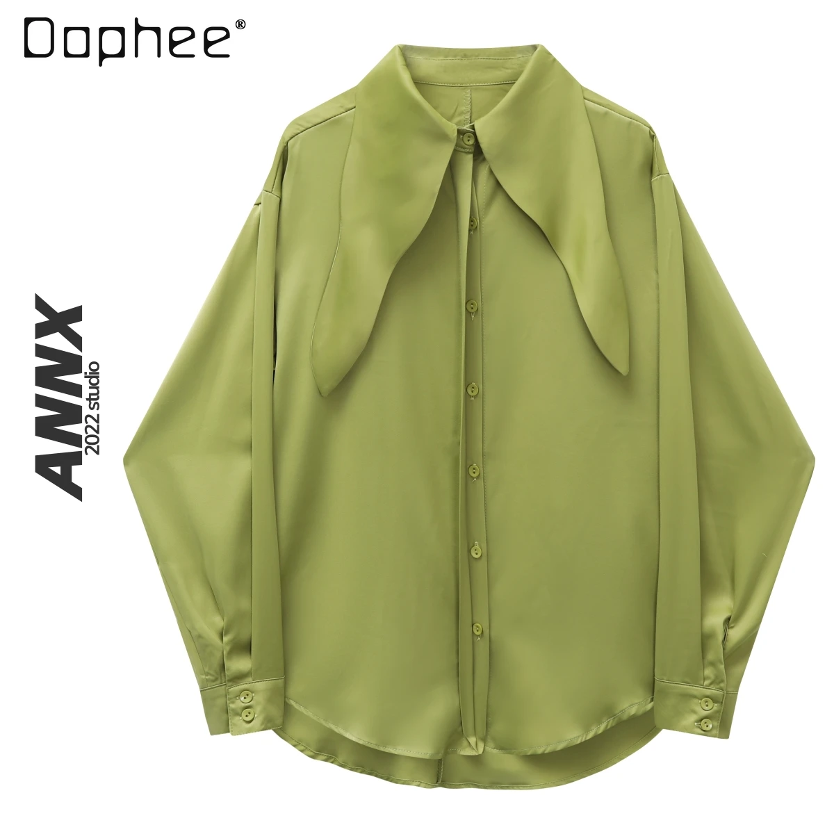 

Green Long Sleeve Button Down Shirts 2022 Spring New Korean Fashion Loose Women Large Pointed Collar Ladies Top Women Streetwear