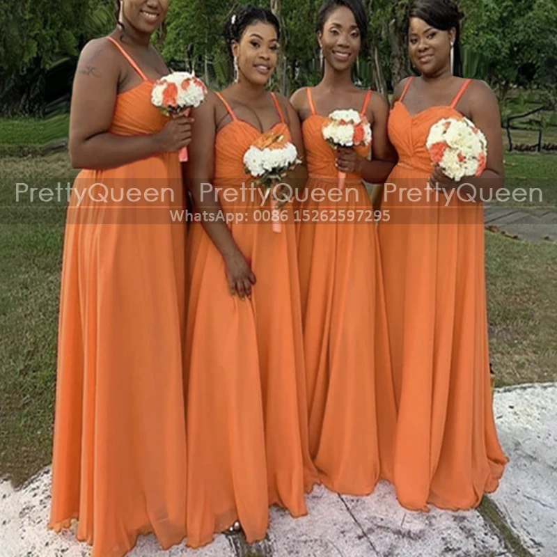 

Flowy Orange Chiffon A Line Bridesmaid Dresses For Women Pleat Long Spaghetti Straps Maid Of Honor Dress Wedding Party