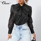 Модные кружевные прозрачные летние рубашки Celmia 2022, сексуальные прозрачные сетчатые блузки с бантом на шее, элегантные женские Топы с длинным рукавом, туники