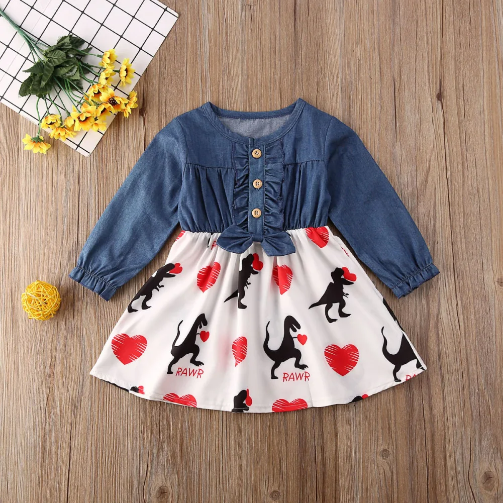 

Girls Casual Style Dress New Fashion Spring Cute Dinosaur Print Kids Dresses Children Clothes