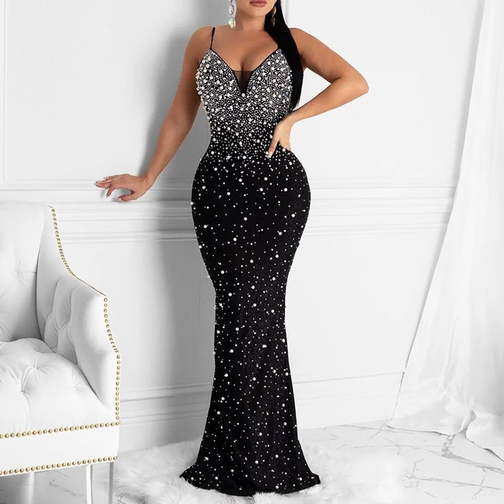 

Backless Sexy Sling Party Dress Women Beaded V Neck Mesh See Through Elegant Fashion Mermaid Evening Long Dresses 2022 Summer