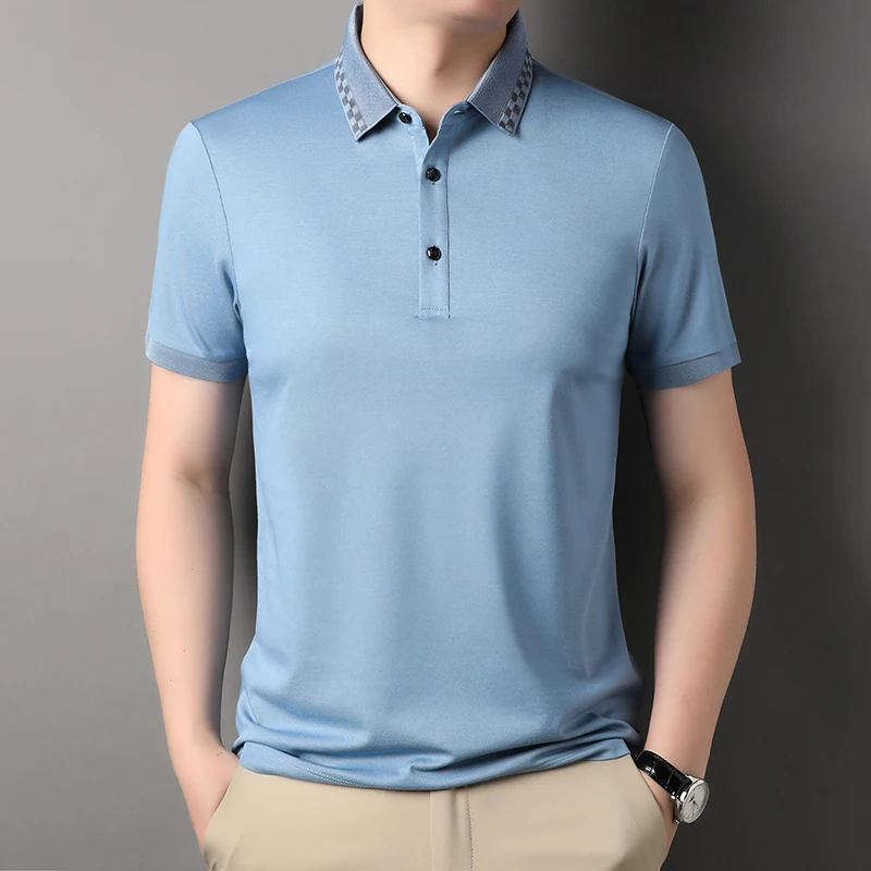 

Рубашка-поло для мужчин среднего возраста Новинка Лето 2023 футболка-поло из шелка тутового шелкопряда с короткими рукавами однотонная мужская одежда