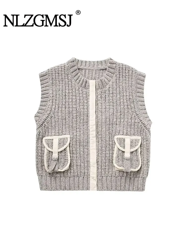 

Женский трикотажный свитер с карманами Nlzgmsj TRAF 2023, однобортный винтажный осенне-зимний Повседневный облегающий Топ