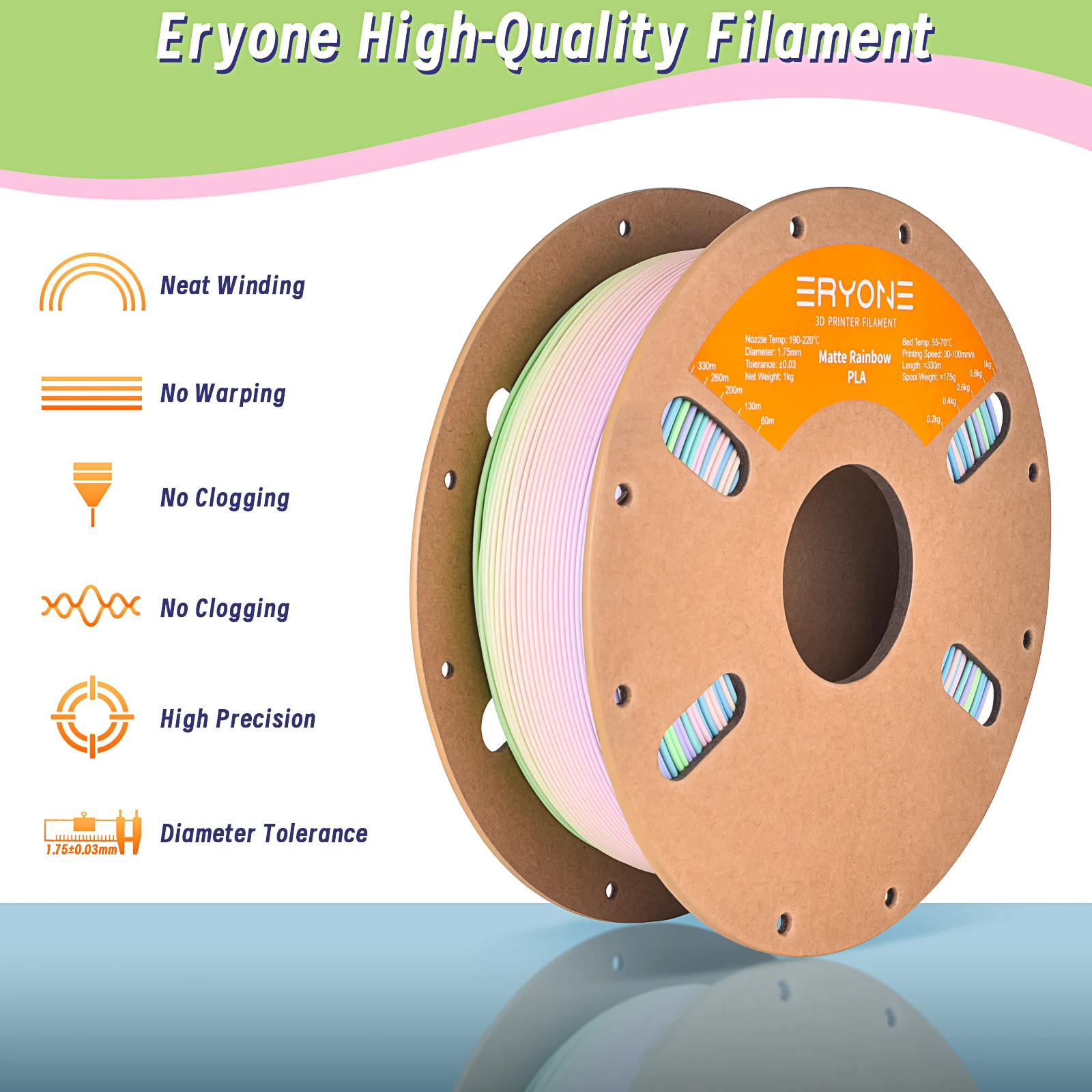 Фото Филамент для 3D-принтера ERYONE 3KG Matte Rainbow PLA 1.75 мм, премиум-класс, матовая градиентная многоцветная отделка, без бликов, рулон 1 кг, выгодный набор №4