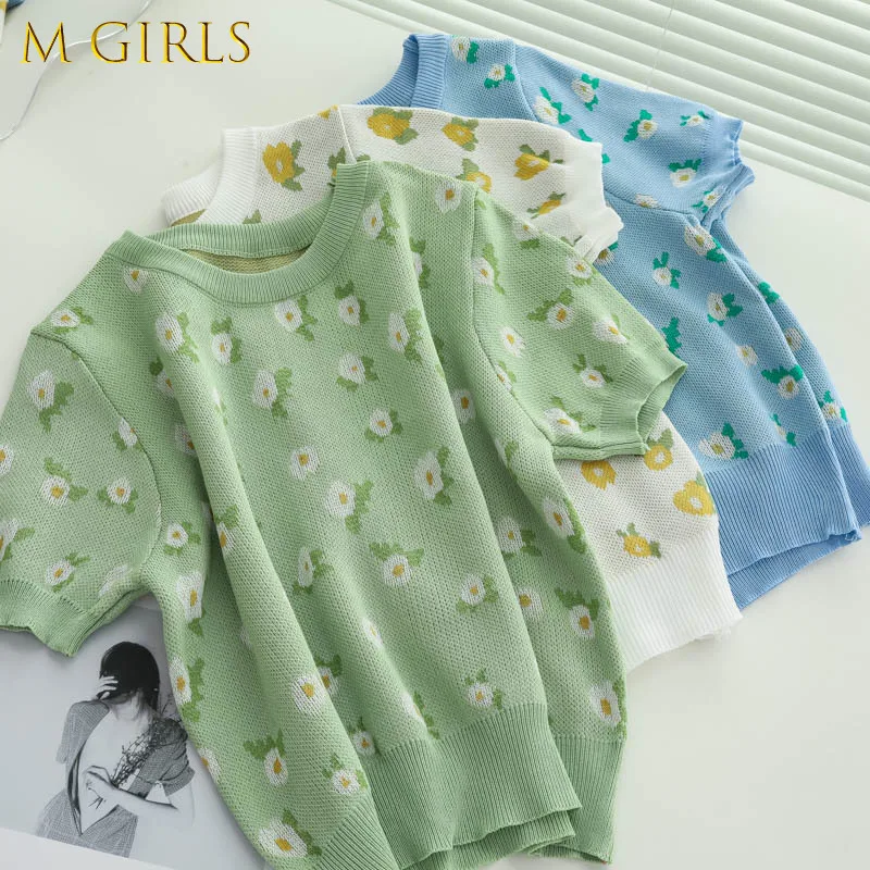 

M GIRLS Korean Shirt Cropped Sweet Knitted T Shirt Women O Neck Short Sleeve Casual Tees Summer Fashion Floral Loose Tops Femme