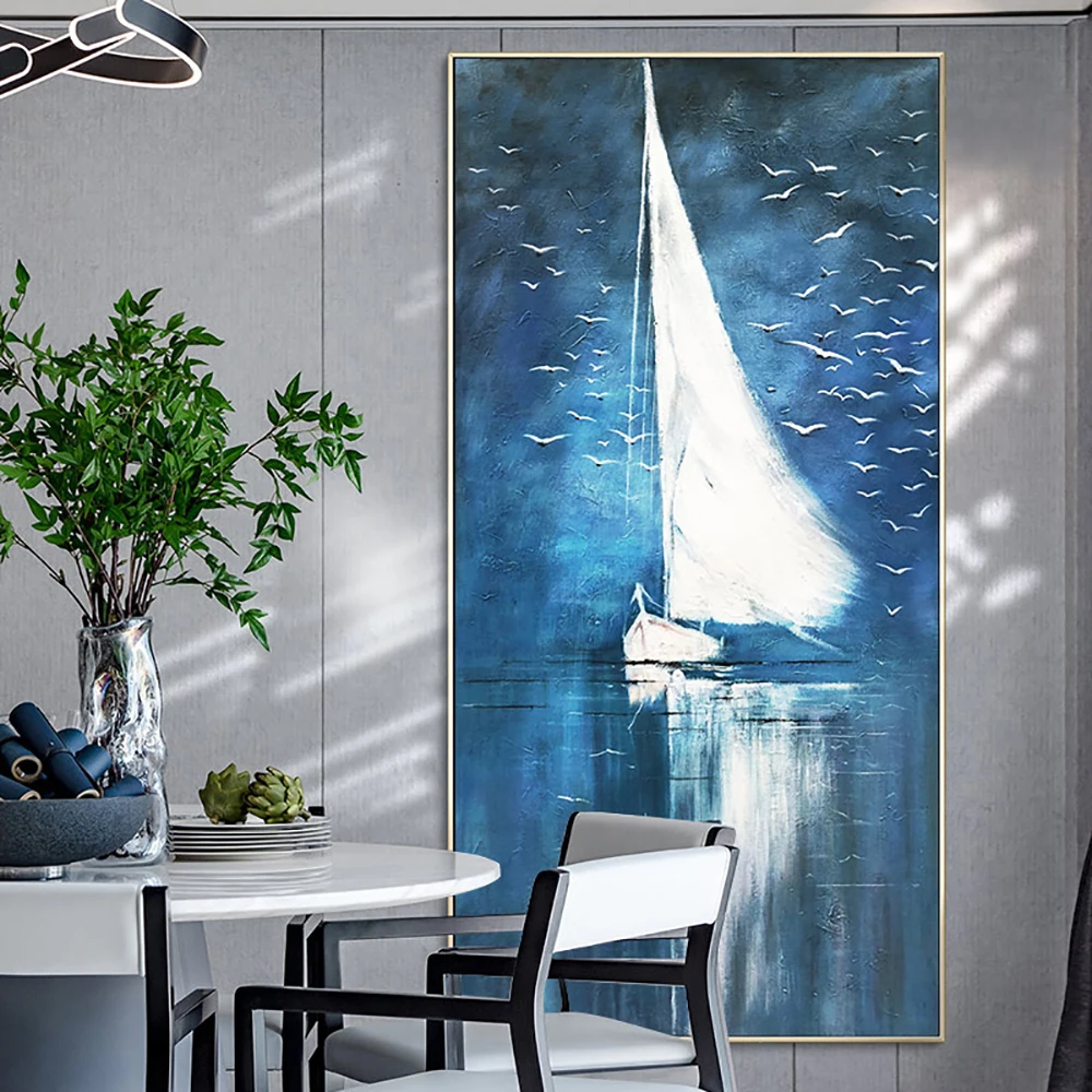 

Pure Hand-Painted Oil Painting Hotel Office Corridor Hanging Painting Large Abstract Sailboat Living Room Decorative Paintings