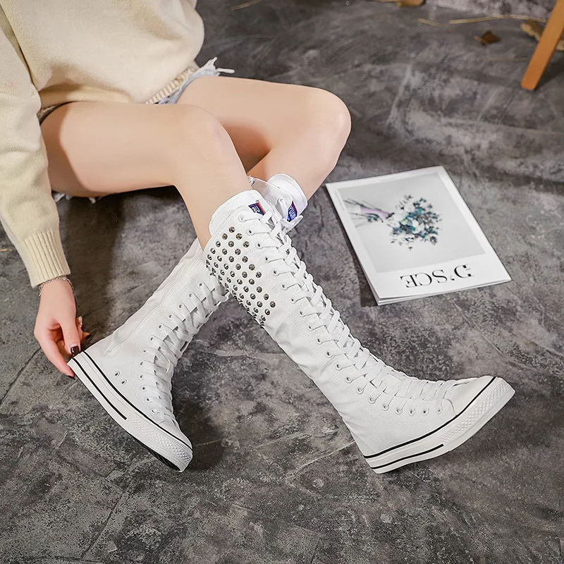

Handmade custom rivet shoes high top long barrel shoes lace up side zipper flat canvas comfortable walking casual shoes 35-43