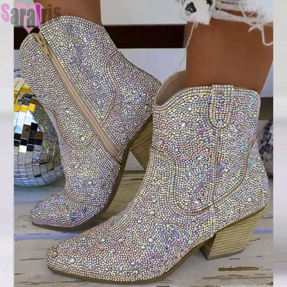 

2023 Rhinestone Decor Zipper Design Boots For Women Chunky Heel Fashion Trendy Crystals Cowboy Boots Glitter Shoes Woman