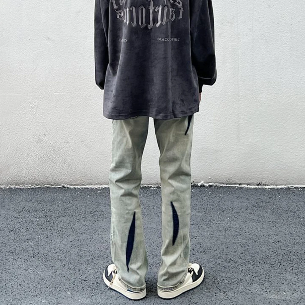 American Style Old Ripped Denim Trousers Men's Street Wear with Color Contrast Design Loose Straight Jeans Trend Hip-hop Pants