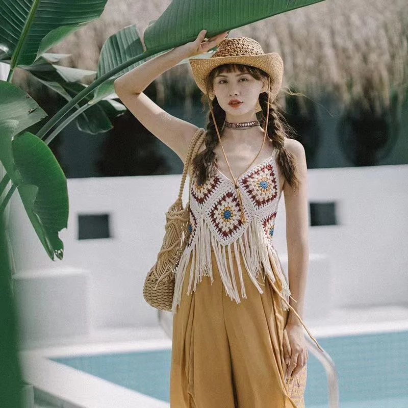 

Pullover Camis Female Tourism Wear Ethnic Style Suwai Wear Small Sling Travel Tank Top Bohemian Sanya Camis Women Clothing