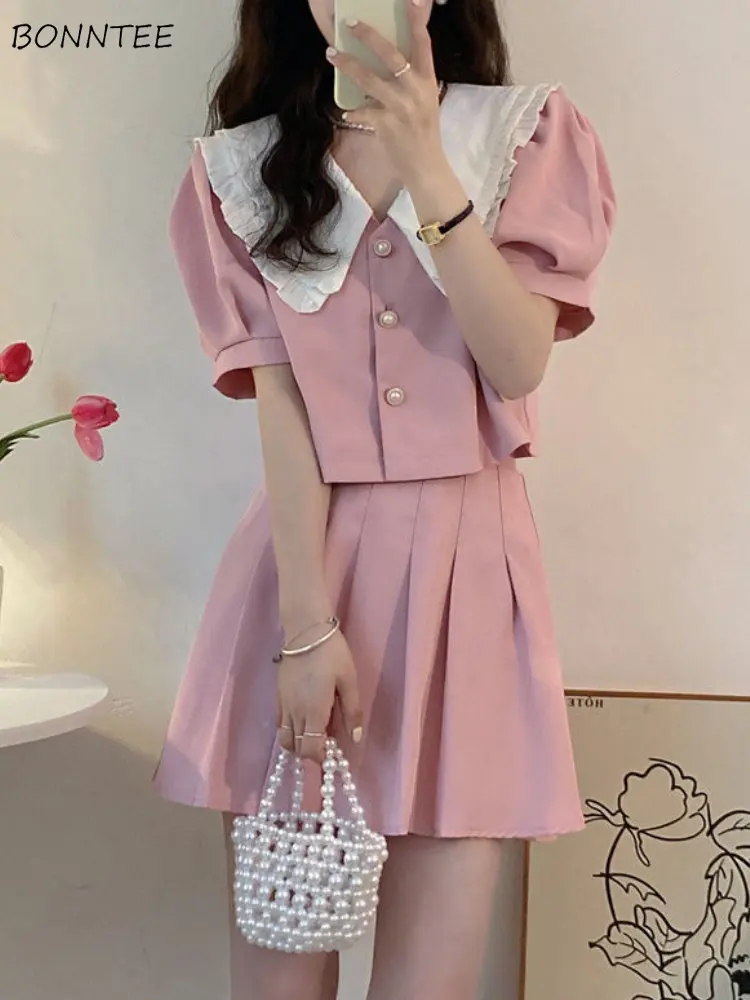 

Женские комплекты, летняя рубашка с воротником «Питер Пэн», мини плиссированная юбка, милая корейская мода для девушек, милая Повседневная элегантная простая Новинка