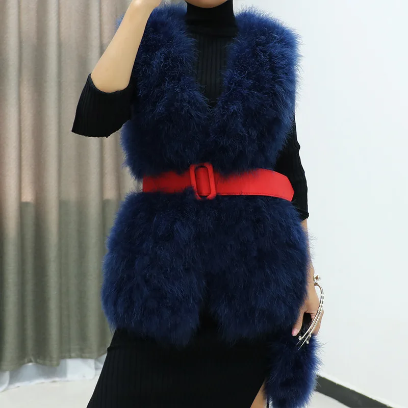 Autumn winter fur vests women midi double faced turkey feather sleeveless fur coat Korean slim waistcoat female outwear Y3236
