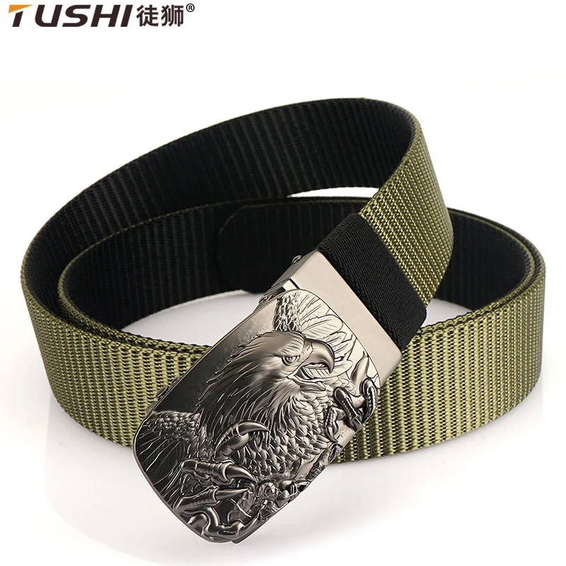 TUSHI 2023 Hot Sell Leisure Men Belt 120cm*3.4cm Dual Front Design Nylon Waistband Metal Rotary Automatic Buckle Sports Ceinture