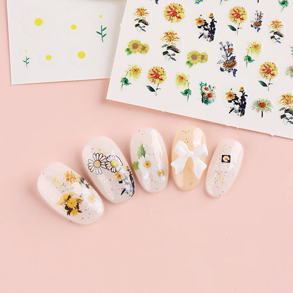 

1Pcs Daisy Nail Stickers Sunflower Spring Decoration Flowers Leaf Nail Decals Rose Tattoo Cherry Blossom Sliders For Manicure