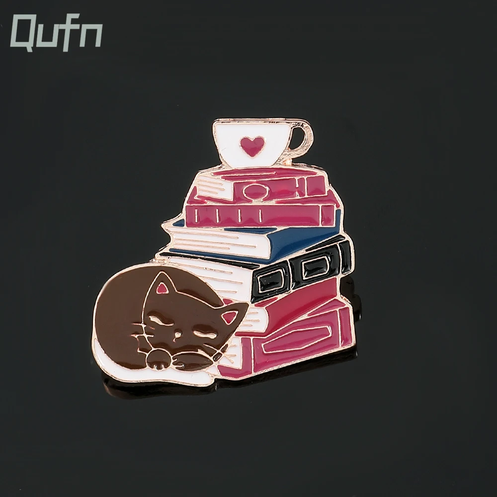 

Cat Book Stack and Teacup Hard Enamel Pin Cute Cartoon Animal Kitty Medal Brooch Fashion Lapel Backpack Pins Jewelry Gift