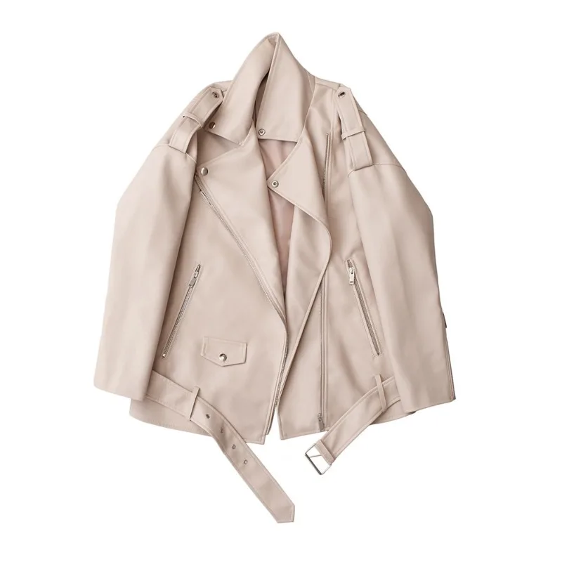 

Spring Autumn Faux Leather Jackets Women Loose Casual Coat Female Drop-shoulder Motorcycles Locomotive Outwear with Belt