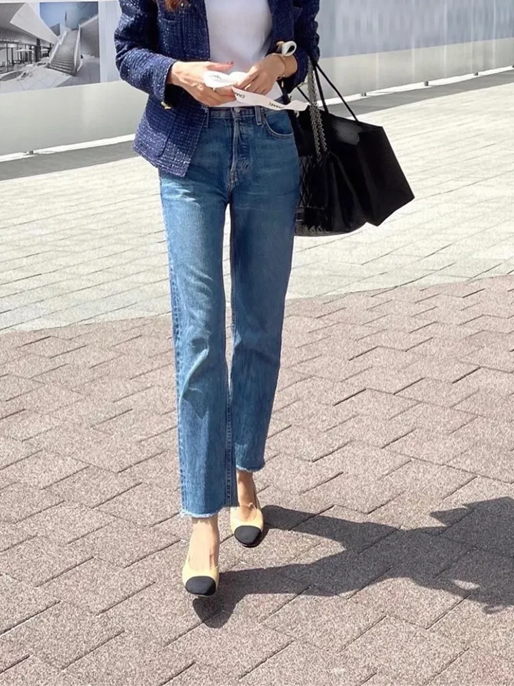 

Women High Waist Jeans Slim Solid Color Casual 2023 Early Autumn Fashion Female Ankle-lenght Denim Pants