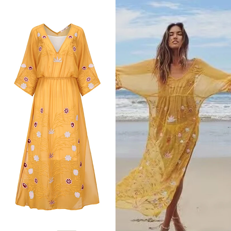 New Bohemian Summer Yellow Vacation Beach Split Maxi Dress Sexy Women Deep V Neck Embroidery Flower Chiffon Long Holiday Robe