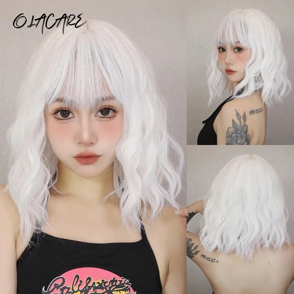 Белые короткие вьющиеся синтетические парики боб с челкой Platium Golden Lolita для