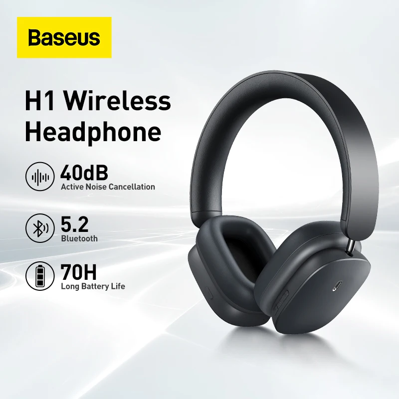 Baseus H1 Hybrid 40dB ANC Wireless Headphones 4-mics ENC Earphone Bluetooth 5.2 40mm Driver HiFi Over the Ear Headsets 70H Time