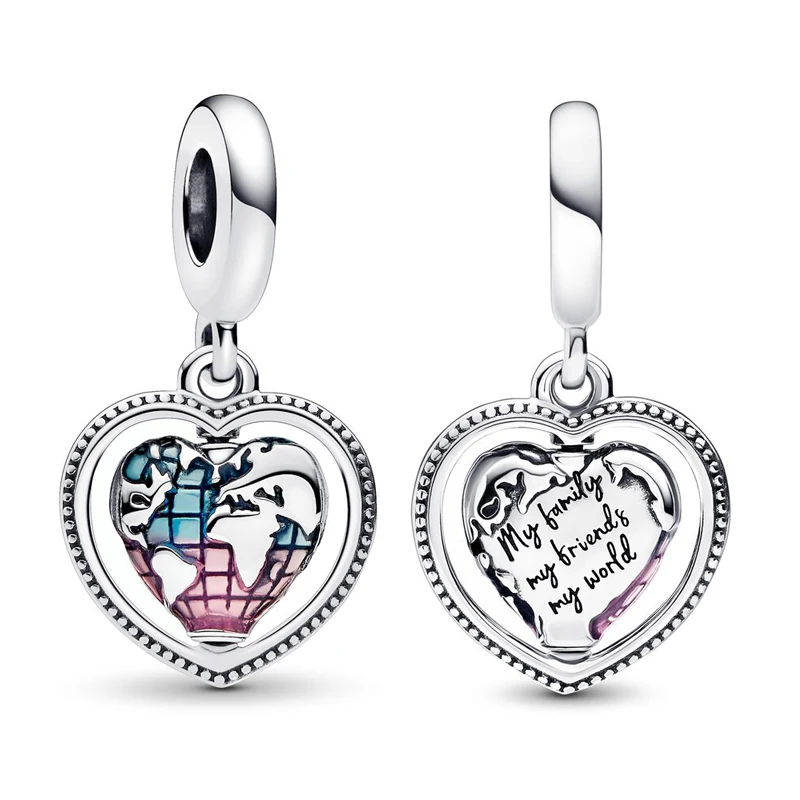 

Authentic 925 Sterling Silver Family Spinning Heart Globe Dangle Charm Beads Fit Original Bracelet Necklace DIY Jewelry Making