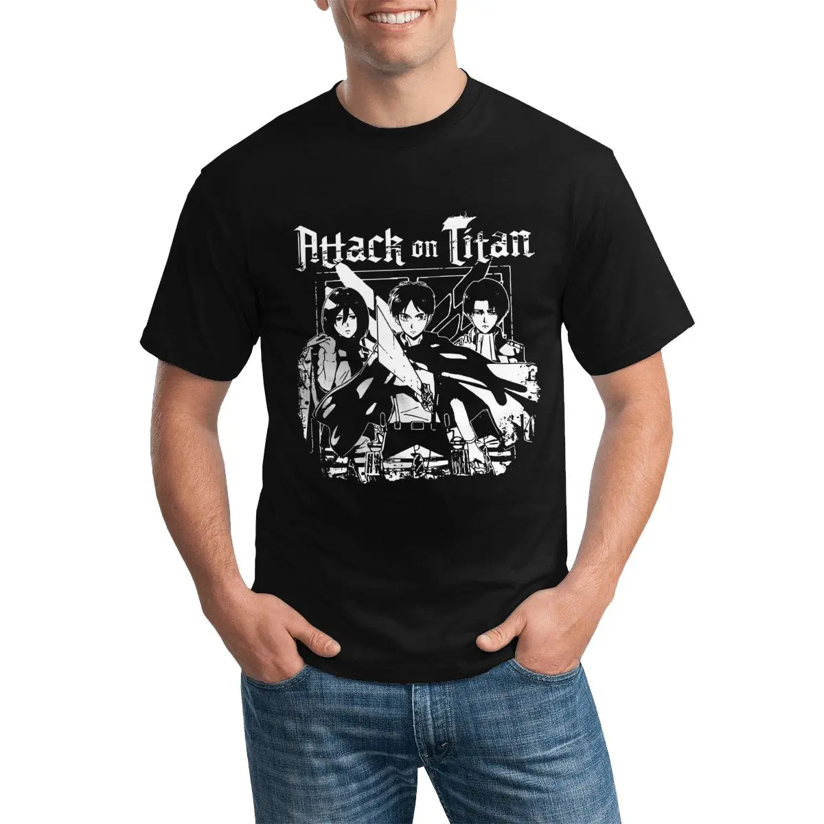 

Attack On Titan Mikasa Levi Eren T Shirt Trio Crests Anime Man Casual T-Shirt Short Sleeves Graphic 100 Cotton Tee Shirt