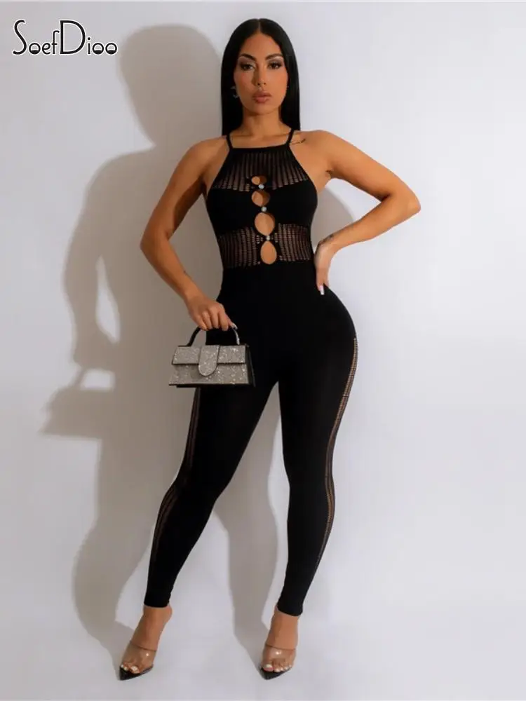 

Soefdioo Sexy Mesh Sheer Jumpsuits Women Spaghetti Strap Hollow Out Diamond One Piece Rompers Summer 2023 Midnight Clubwear