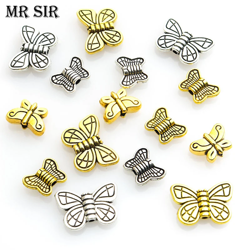 

30/40/100pcs Butterfly Alloy Spacer Bead Charms Antique Silver/Gold Color Loose Beads For Jewelry Making Bracelets Accessories