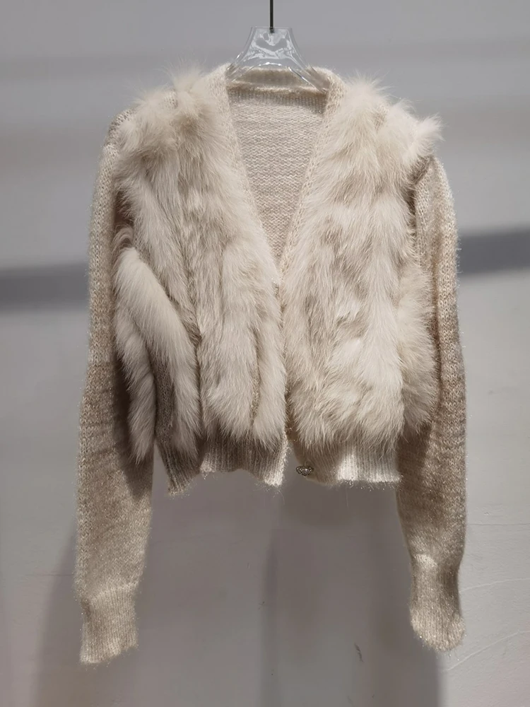 2023 Spring Women Real Fox Fur Oversize Loose Thin Fox Fur Decoration Lady's Fashion Knitting Sweater Coat