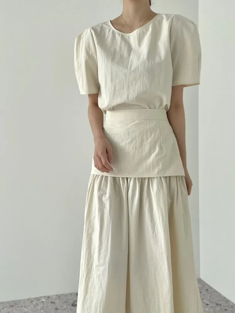 

Женский комплект из 2 предметов, блузка с пышными рукавами и юбка миди с высокой талией, винтажный костюм в Корейском стиле на лето, 2023